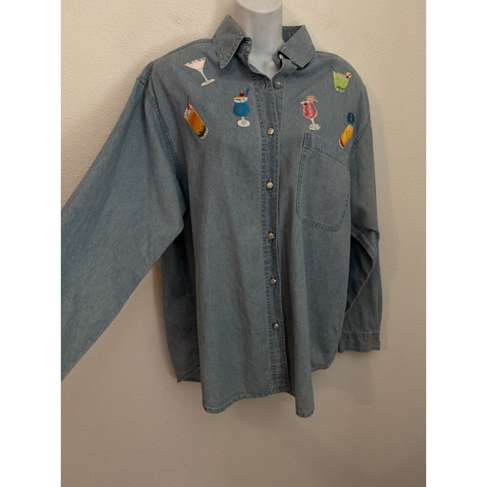Tia Designs Vintage 90s Embroidered Denim Shirt Women’s M Cocktails Party USA